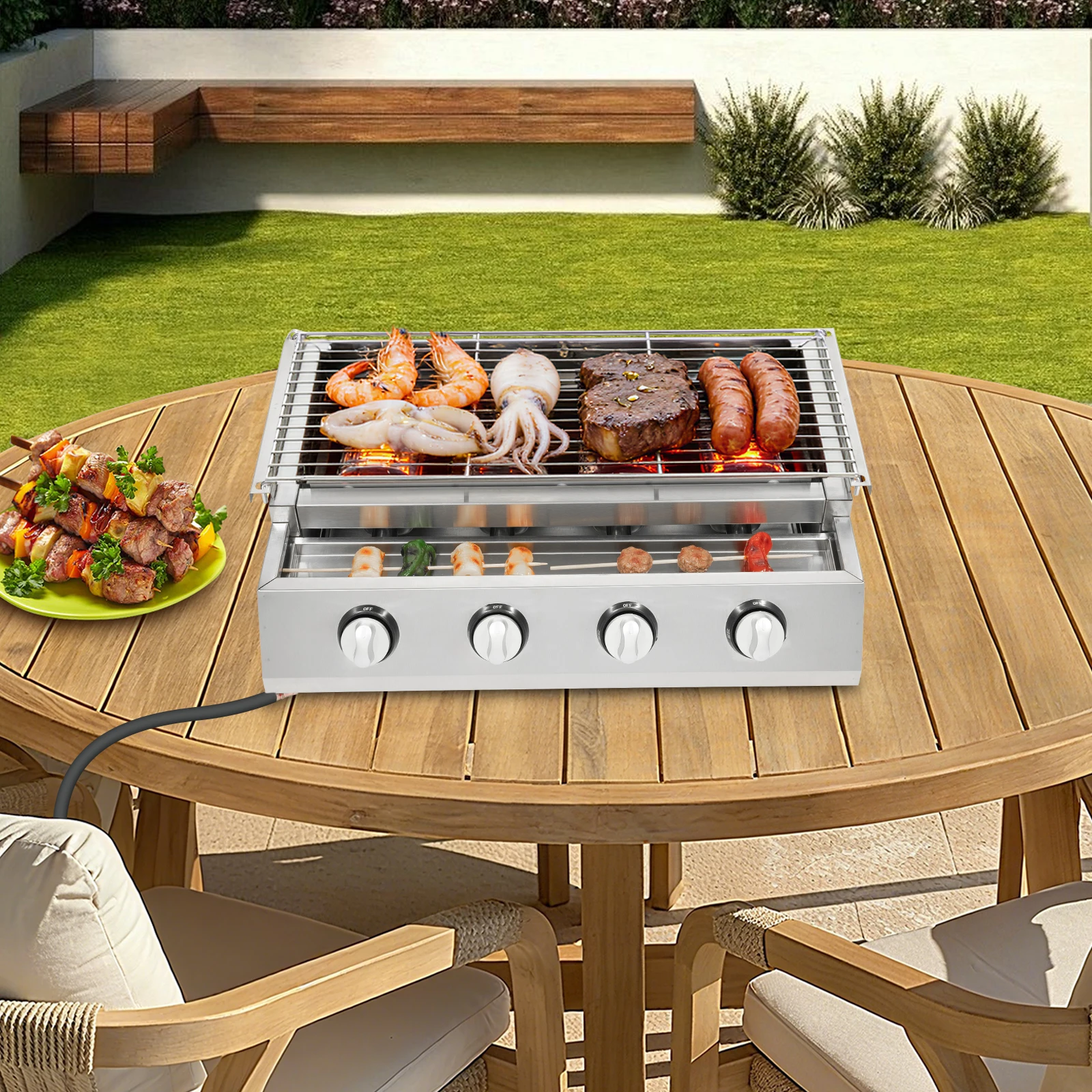 4-Flammen-Gasgrill, große Kochfläche von 22x9,1 Zoll mit Infrarot-Keramikbrennern, einstellbare Höhe von 0-2,8 Zoll, für Outdoor-Camping, Partys, Familienfeiern