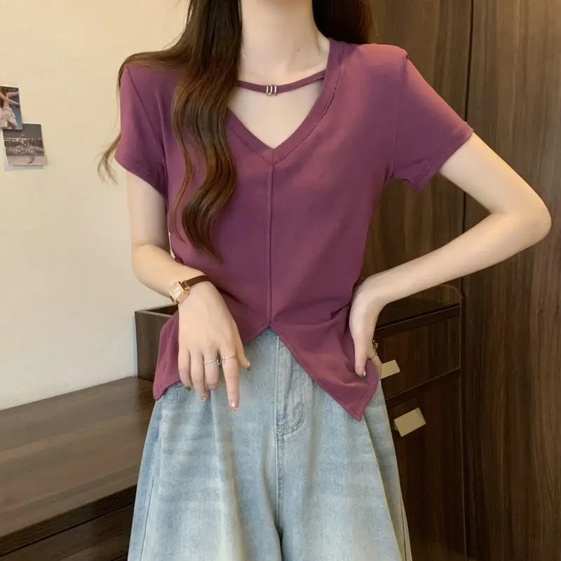 Women Summer Simplicity Slim Solid Color Irregular V-neck Short Sleeve T-Shirt Women Clothes Casual All-match Appear Thin Tops