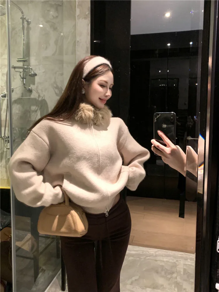 Mink velo pele do falso com capuz cáqui camisola curta para as mulheres nova moda outono chique malha cardigan topo manga longa zíper malhas