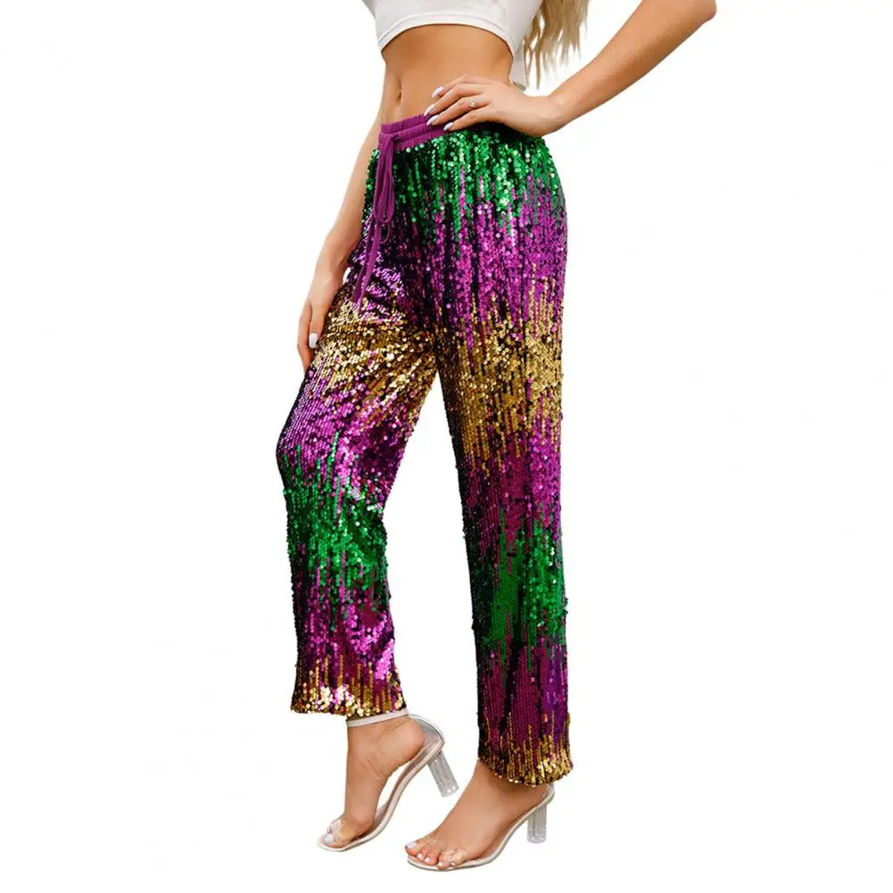 

Straight Wide Leg Trousers Shiny Sequins Wide Leg Pants for Women with Elastic Waist Adjustable Drawstring Stylish for Vacation