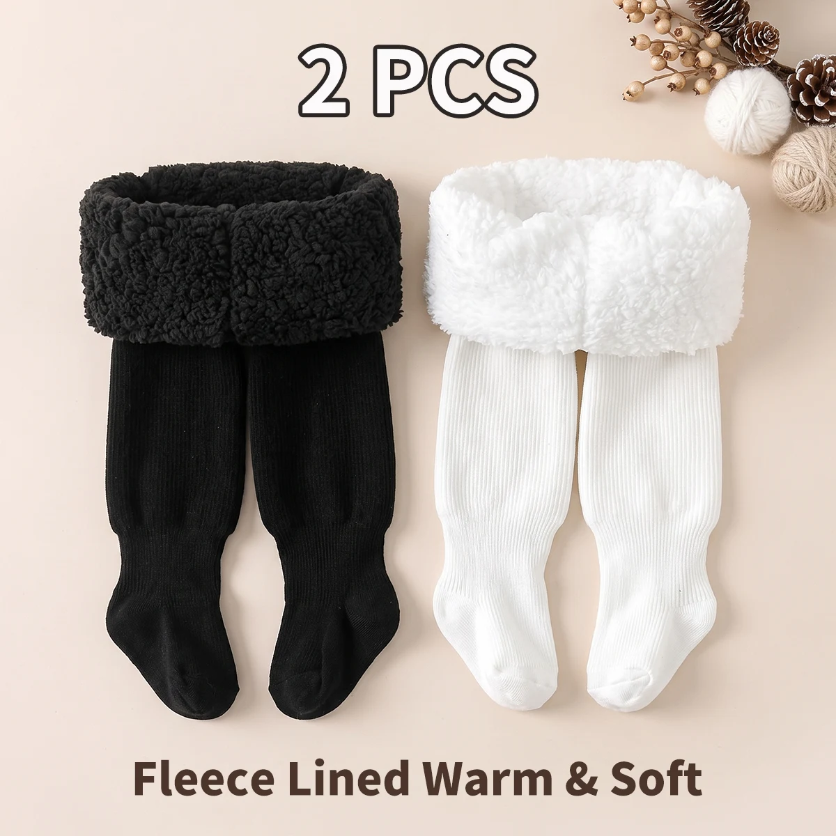 2PCS Little Girls Winter Warm Tights, Solid Vertical Rib Fleece Lined Pantyhose, Elastic Waist Kids Stockings