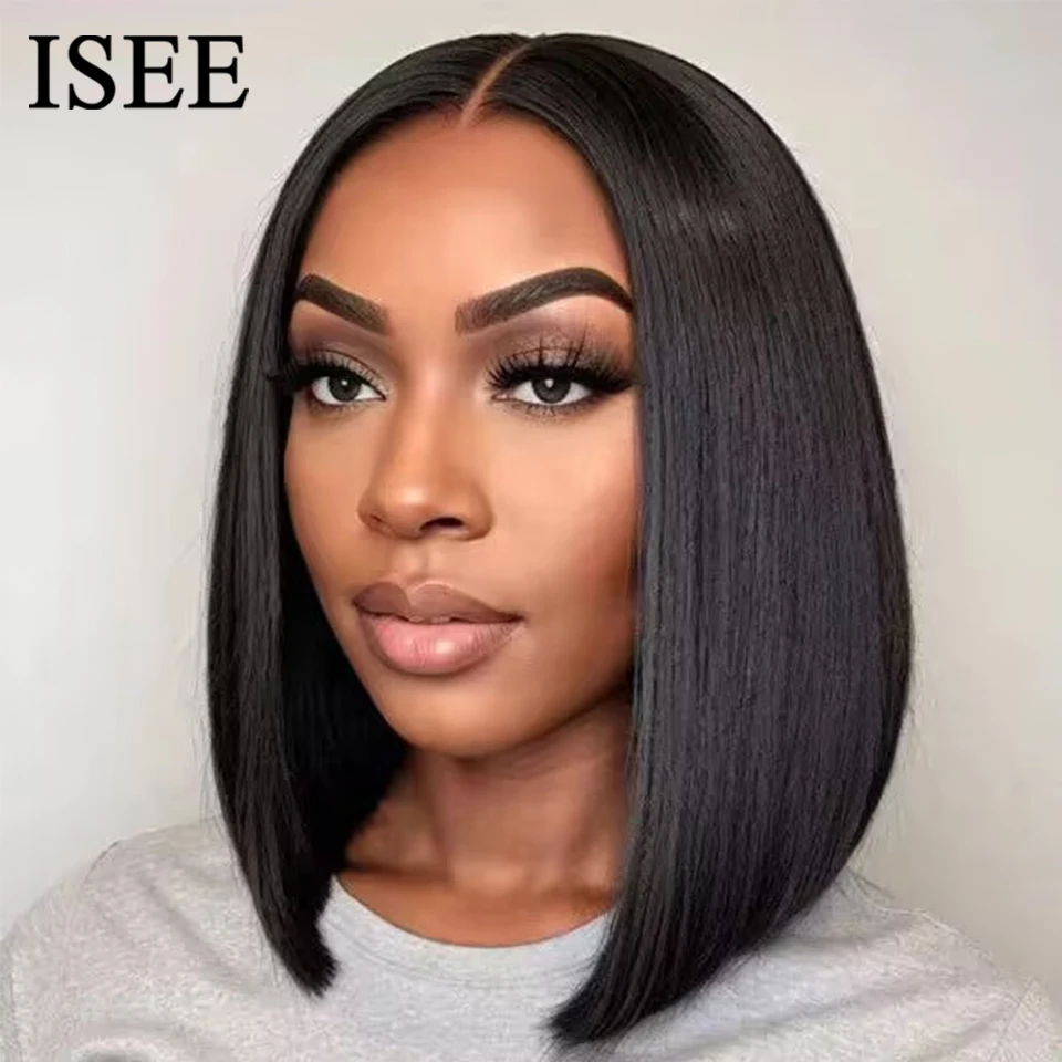 ISEE Hair Pre Bleached Knots Wear And Go Short Bob Hair Wig Human Hair Transparent Glueless Straight Lace Front Wig PrePlucked