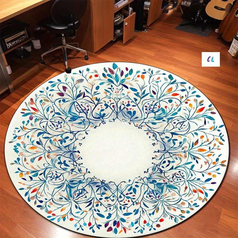 

1pc Nordic-Style Round Flannel Mat with Vibrant Floral and Leaf Pattern - Non-Slip, Easy to Clean, Soft Polyester Mat for Living