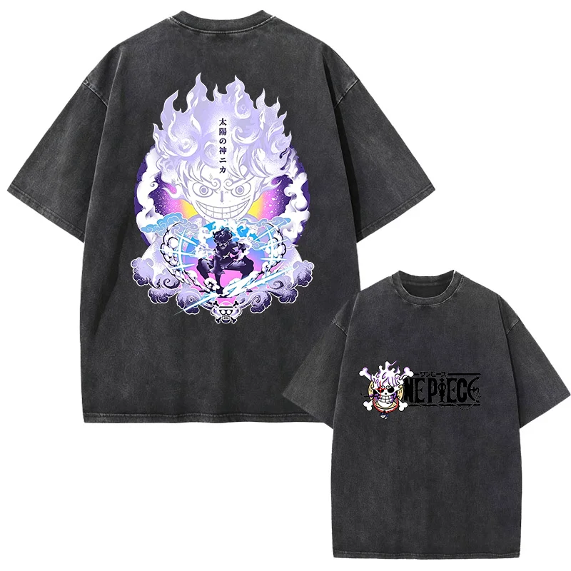 One Piece Sun God Nika Shape Luffy T-shirt Retro Washed Street Anime Pattern Neutral Summer Top 2026