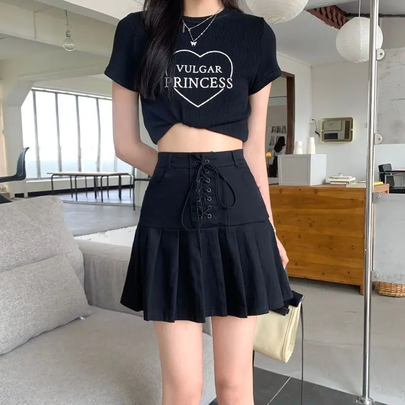 Fashion Solid Color Bandage Pleated Skirts Female Clothing 2025 Summer New Loose Preppy Style Zipper High Waist Mini Skirts