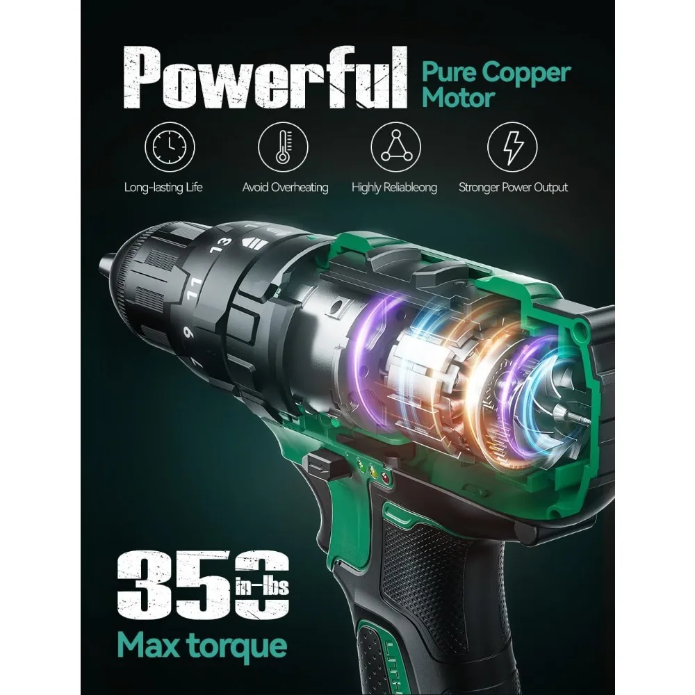 20Vコードレスハンマードリルセット、バッテリー2個付き、トルク350インチポンド、3/8インチキーレスチャック、コンクリートと木材用ビット14個付き