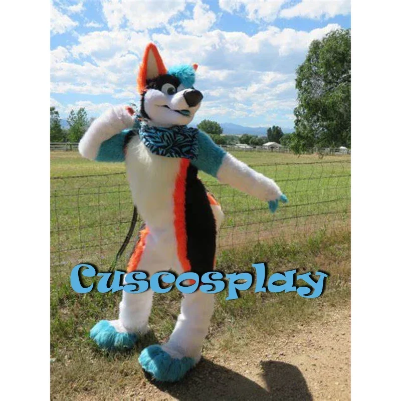 

Colorful Long Fur Furry Fox Wolf Husky Dog Fursuit Mascot Adult Cartoon Character Outfit Halloween Party Cosplay Birthday Gifts