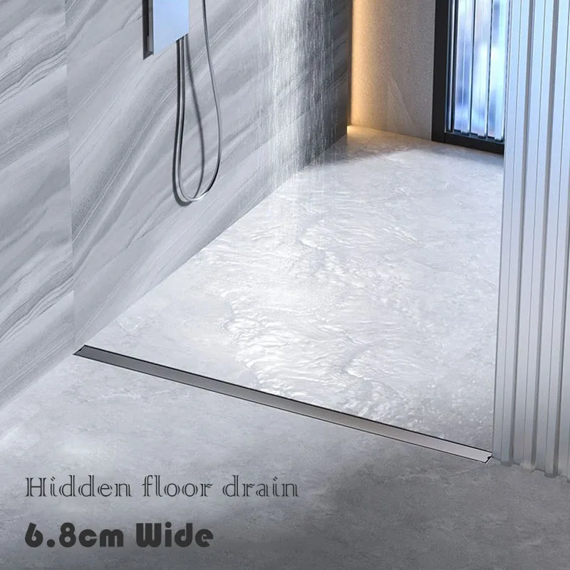 Bathroom 68 Wide Long Strip Floor Drain Toilet Deodorant Hidden Stainless Steel 304 Gun Gray Floor Drain Inlaid With Tiles