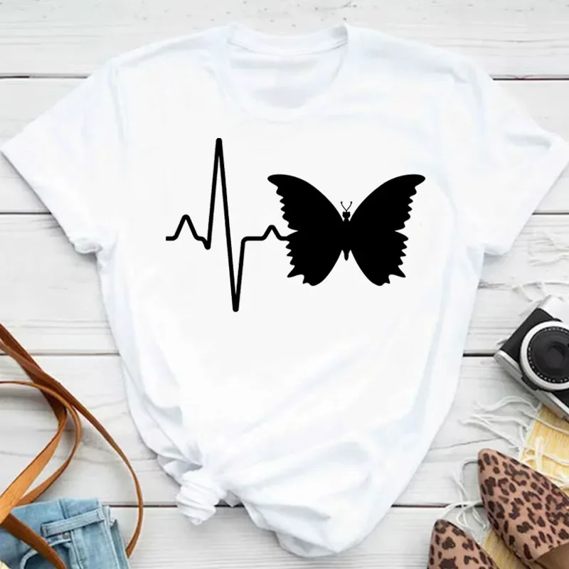 Graphic Tee New Fashion Women T-shirt Colorful Butterfly Petal Print Short Sleeve and Round Neck Cute Shirts Female Tops Clothin