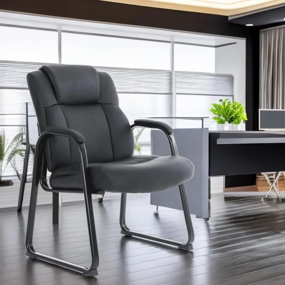 Silla de oficina grande y alta, silla de recepción de cuero de 400 libras con reposabrazos acolchado unido, asiento ancho, base de trineo, silla de escritorio sin ruedas