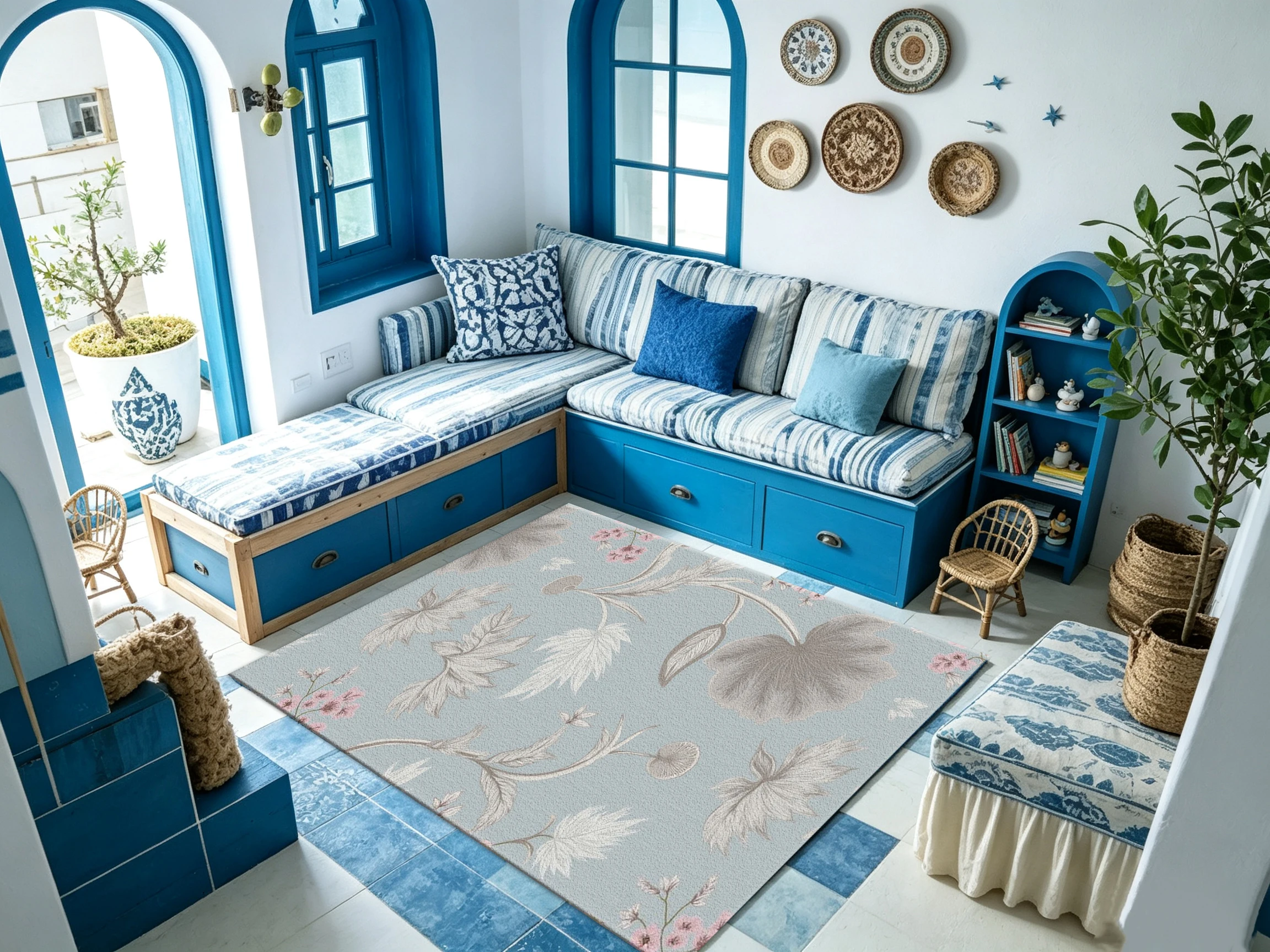 Light Blue Vintage Plant Leaf Pattern Carpet, Soft Retro Floral Pattern Home Carpet, Suitable for Living Room and Bedroom Interior Decoration