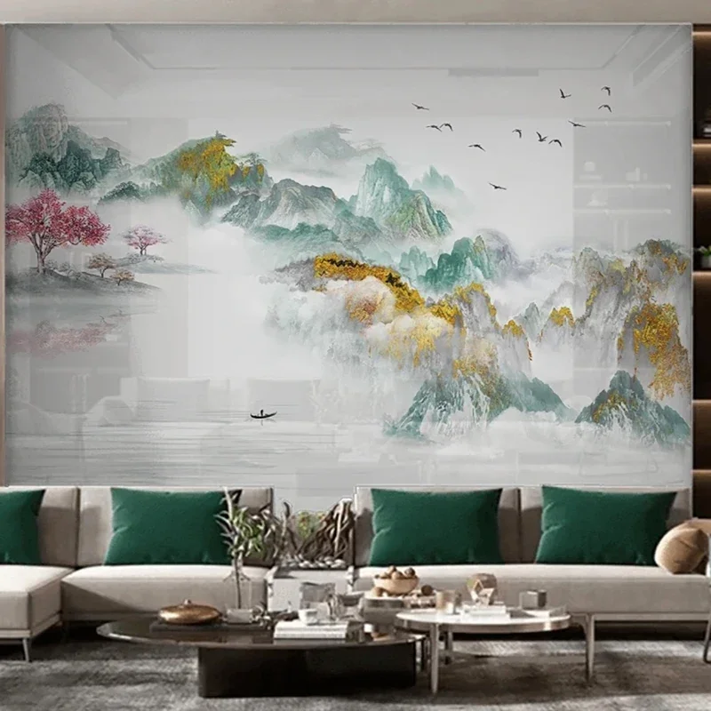 Chinese Ink Wash Artistic Conception Golden Landscape Murals Wallpaper 3D Living Room TV Sofa Luxury Home Decor 3D Wall Cloth