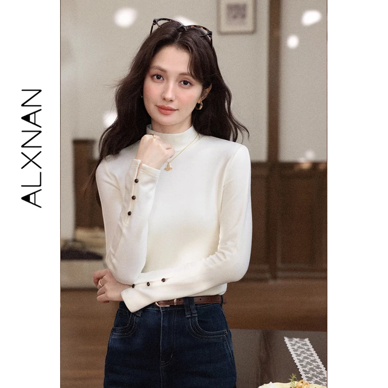 

ALXNAN Women's Fall Winter New Apricot Mock Neck T-shirt Slim Fit Inner Wear Long Sleeve Tees Split Cuff Button Tops L59322