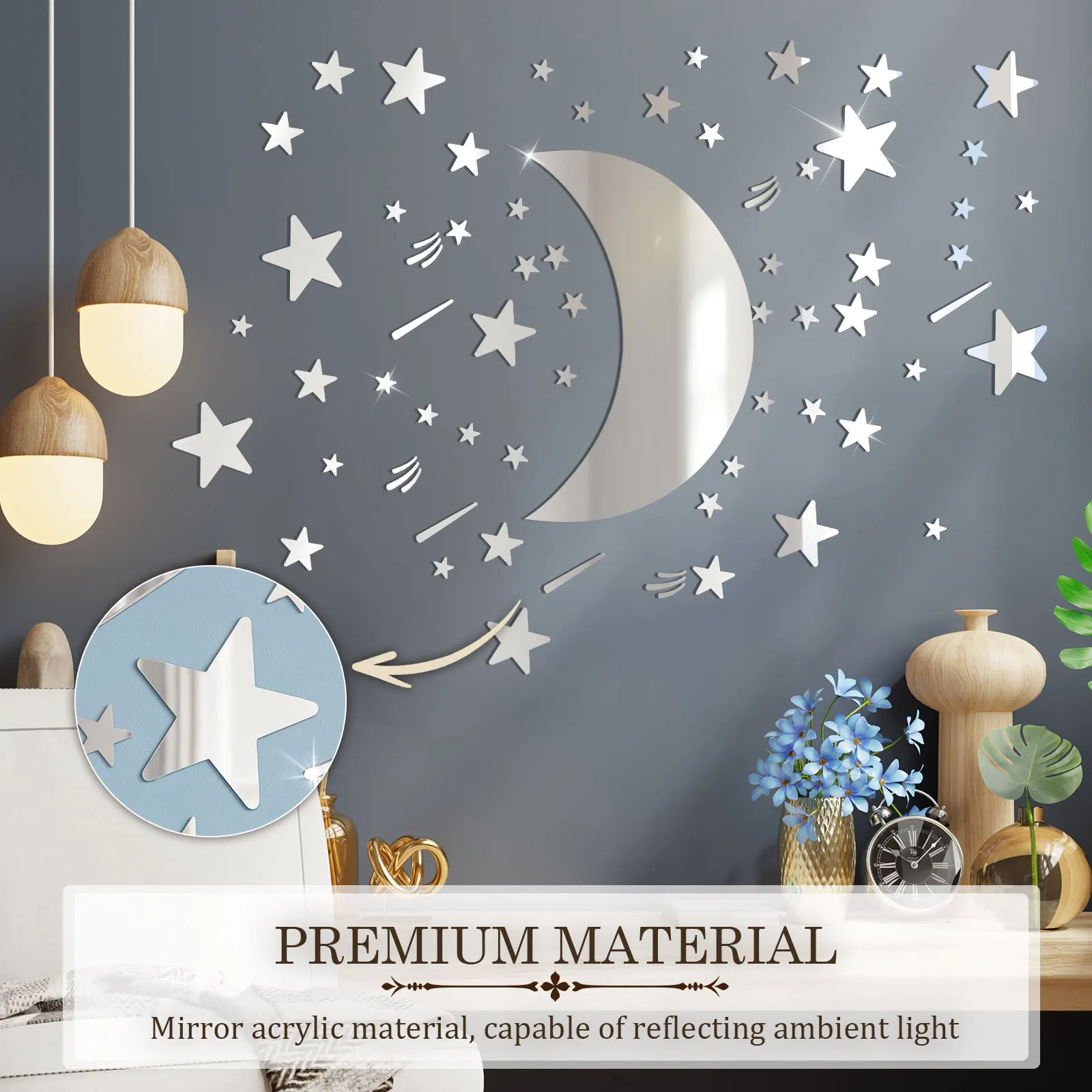 DIY Moon Star and Meteor Mirror Wall Sticker Set Self-adhesive Celestial Acrylic Mirror Decals for Kids Room Bedroom Party Decor