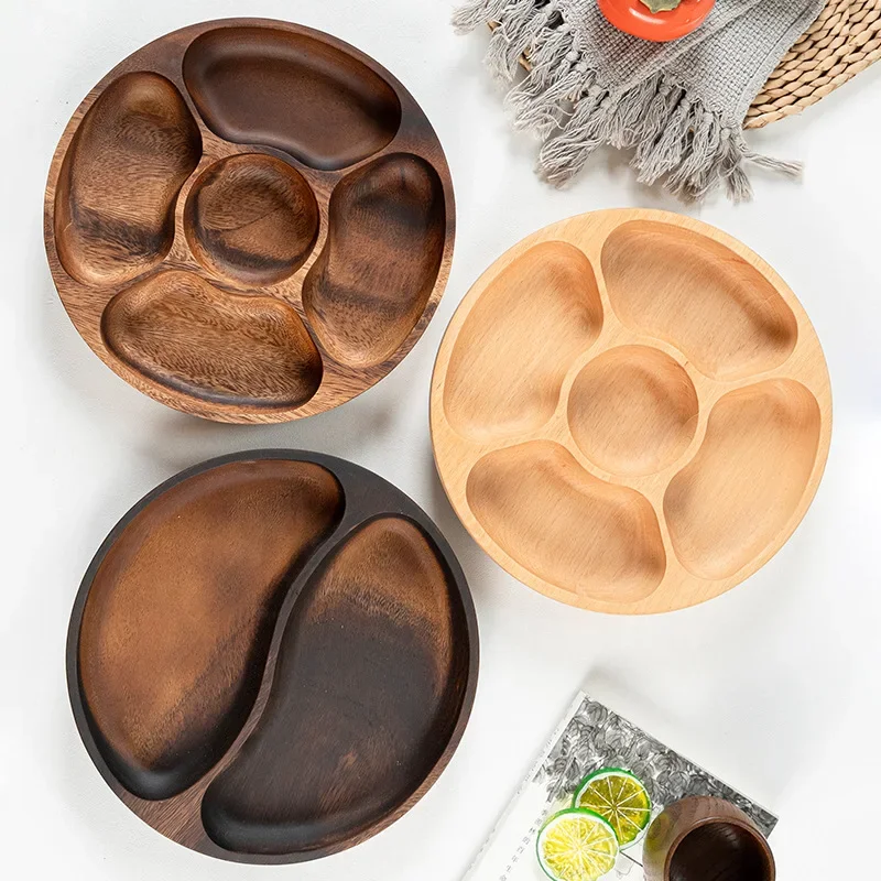 Creative Home Living Room Fruit Tray Solid Nature Wood Partition Plate Hotel Snack Five Plaid Storage Tray Round Dry Fruit Snack
