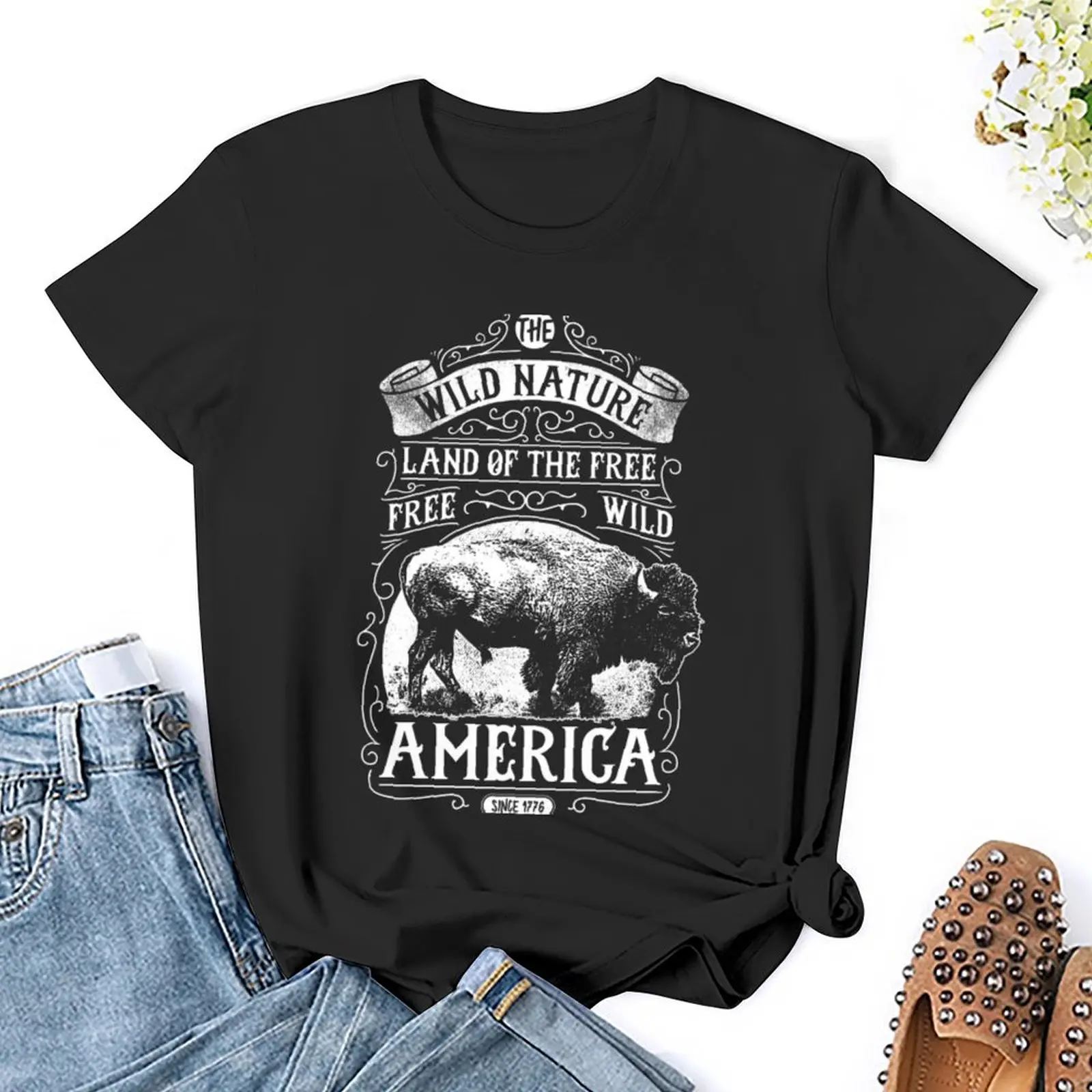 US Bison T-Shirt animal print shirt for girls aesthetic clothes Blouse graphic t-shirts for Women
