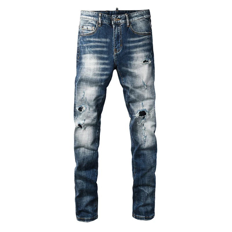 

Designer's fashionable new men's jeans with pleats, perforations, colorful paintings, washed and washed, nostalgic stretch, slim