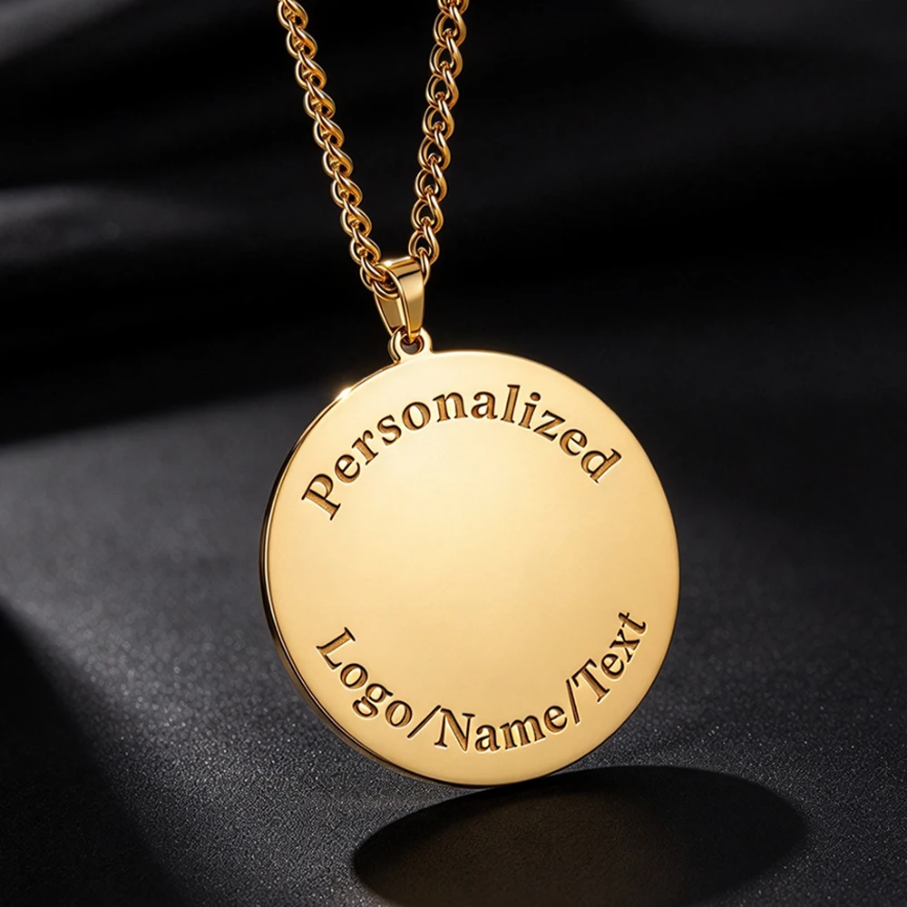 Collier avec pendentif rond gravé sur mesure, étiquette vierge en acier inoxydable personnalisable, collier avec texte, logo, photo ou nom personnalisés, bijoux.