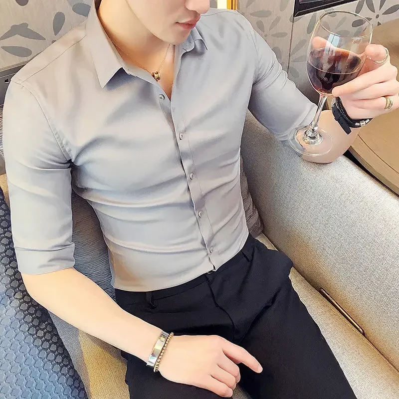 

Spring Summer Korean Fashion Polo-neck Solid Color Shirt Hombre 3/4 Sleeve All-match Bottoming Cardigans Top Men Casual Blouse