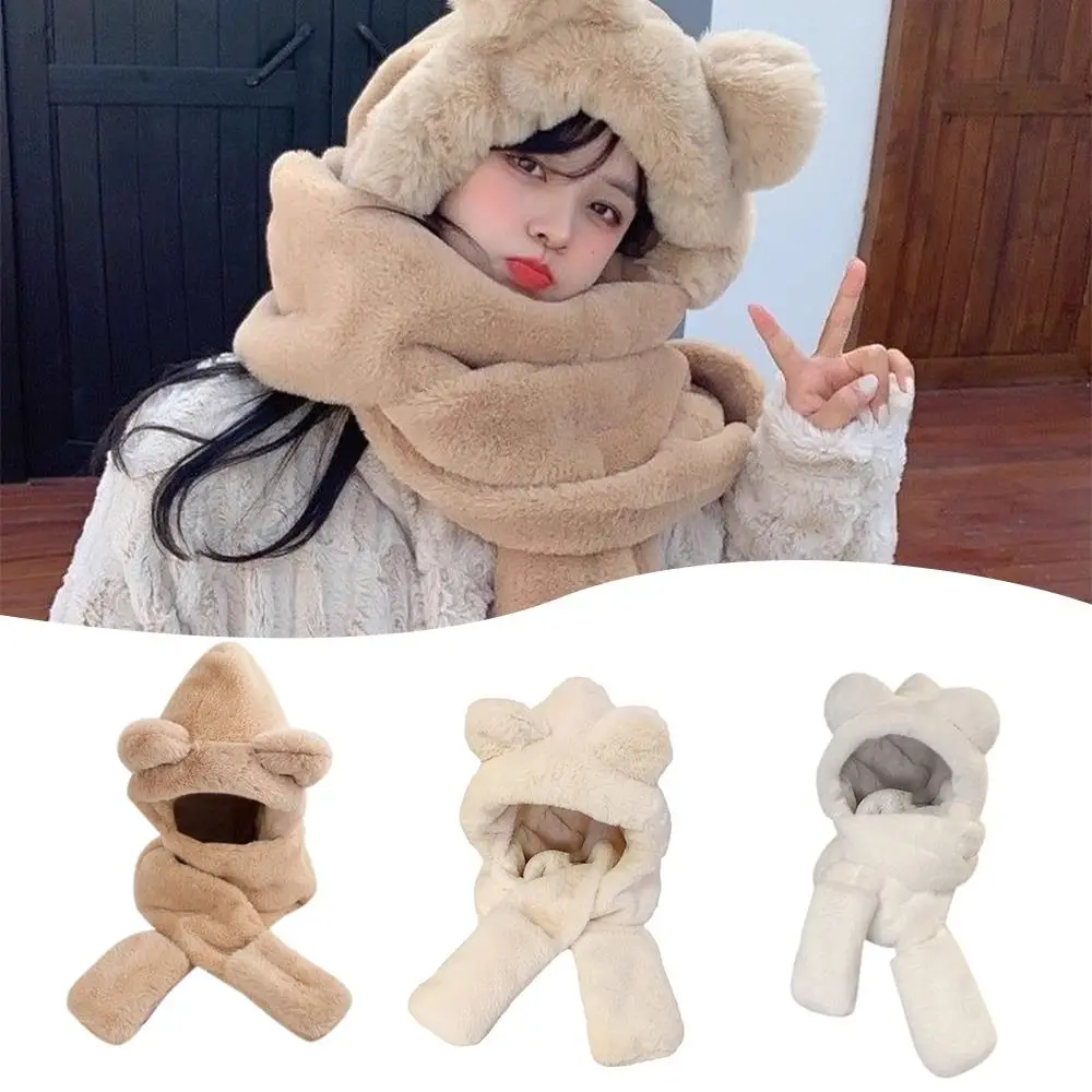 

Cute Plush Bear Ears Hat Thickened Winter Warm Integrated Cap Scarf Windproof Ear Protection Cap for Woman Girls