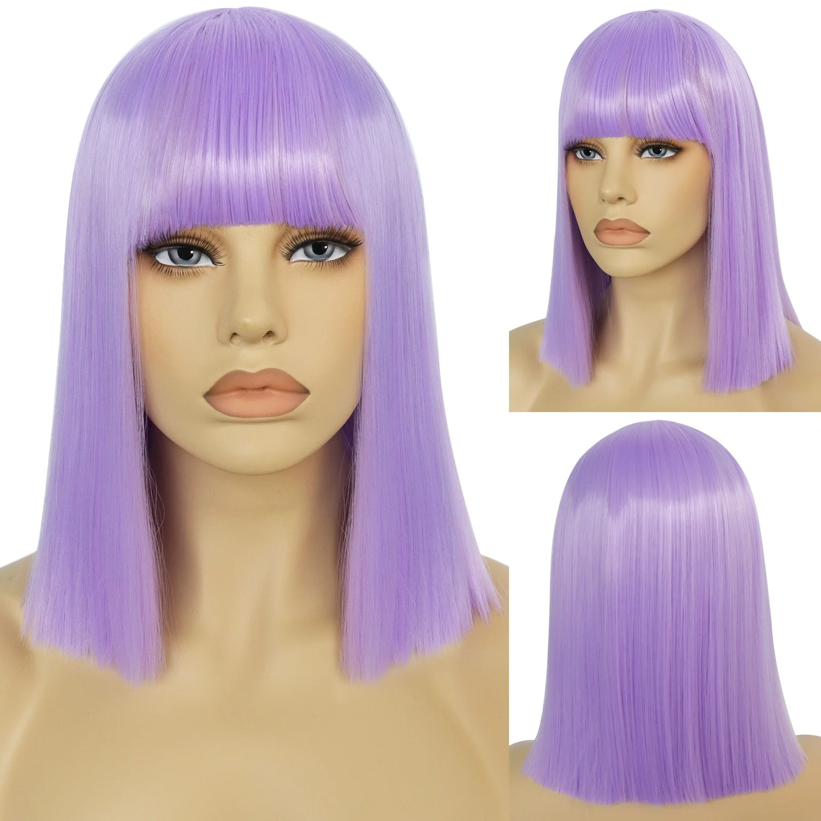 

Anogol Synthetic Short Straight Yellow Purple Bob Women's Wig with Bangs for Halloween Christmas School party Use & 1pc Wig Cap