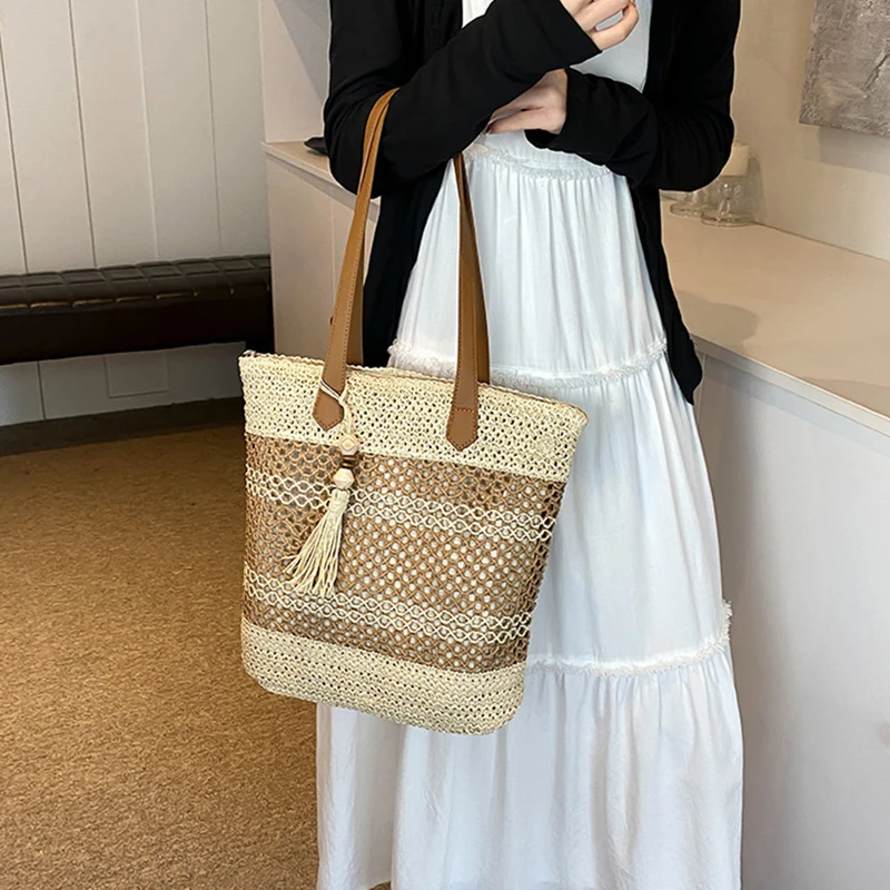 Sommer Stroh Taschen für Frauen Hohe Qualität Rattan Schulter Tasche Reise Handarbeit Gewebt Strand Handtaschen Weibliche Große Kapazität Totes – Detail 6