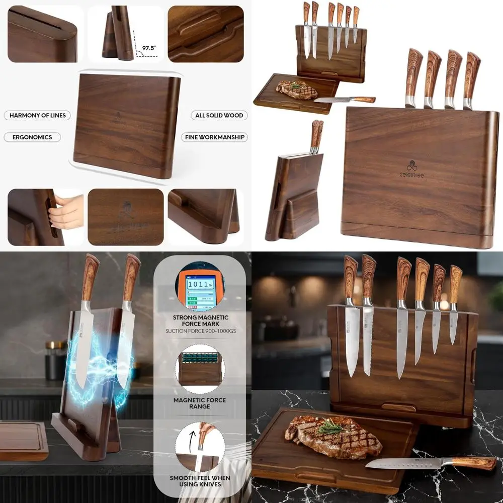 

Dual-Purpose Magnetic Knife Storage Wood Cutting Board - 16x11 Inches, Rain Wood, with Juice Grooves for Chefs