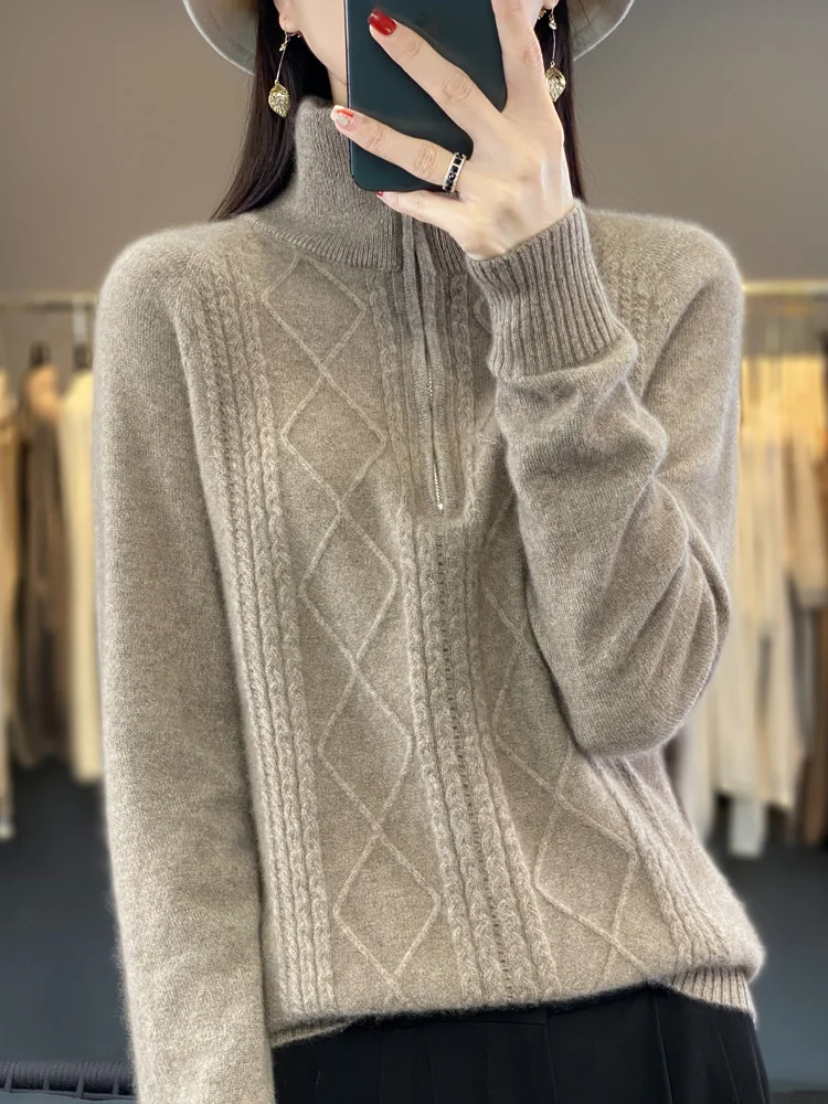 2024 Autumn Winter Thick Women's 100% Merino Wool  Sweater Half-zipper Pullovers Loose Cashmere Knitwear Basic Female Clothing