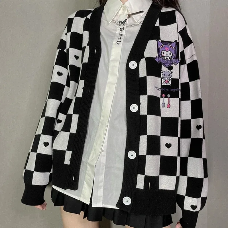 Kawaii Kuromi Sweet Sweater Cardigan Cartoon My Melody Cinnamoroll Embroidery Checkerboard Girly Heart Knitwear Jk Style Tops