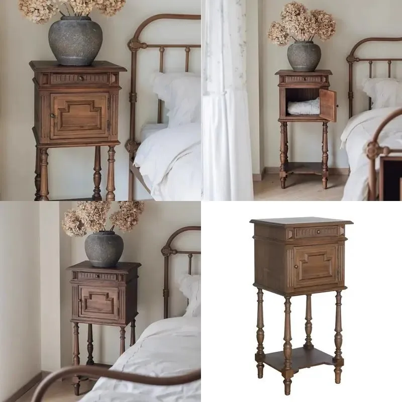 Solid Wood Side Cabinet Bedside Table Storage Nightstand for Bedroom Living Room Household Furniture