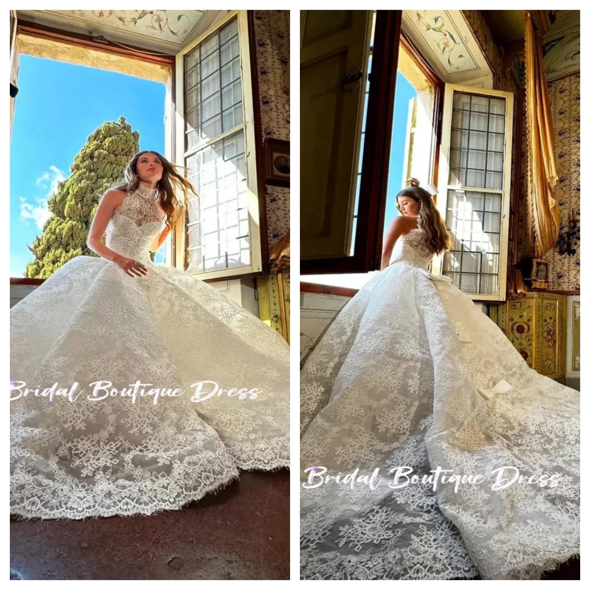 

Customized Elegance White Lace Wedding Dress Elegant Halter Sleeveless Applique Bridal Gowns Chapel Train Back Vestido De Novia