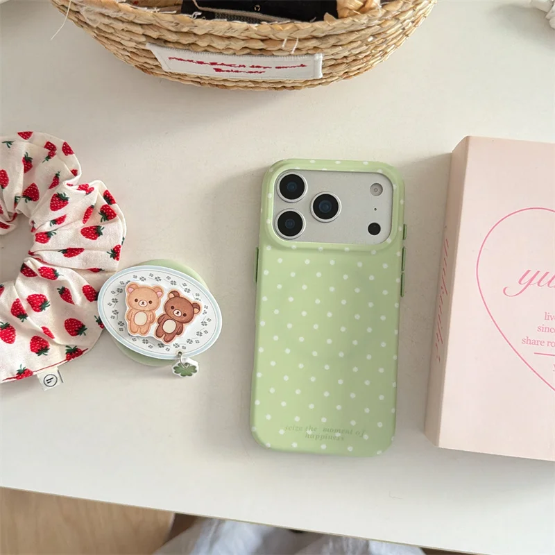 

Cute Light Green Polka Dot Phone Case with Bear Magnetic Grip Holder For iPhone 17 16 15 Pro Max Soft Protective Cover For Girls