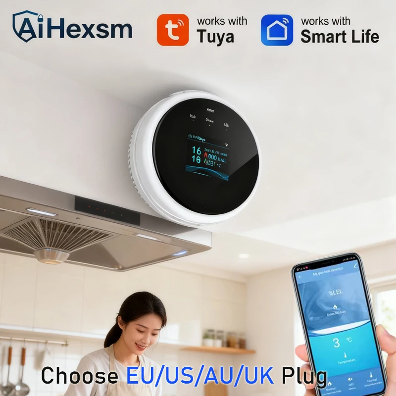 

Датчик утечки газа Tuya с Wi-Fi (вилки EU/US/AU/UK), приложение Smart Life, для кухни и виллы, сигнализация об утечке горючего газа, цветной дисплей, измерение температуры