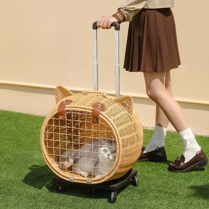 Breathable Cat Bag, Portable Pet Crate, Dog Tote Bag with Trolley, Handwoven Cat Cage, Lightweight Pet Luggage, Vintage Style