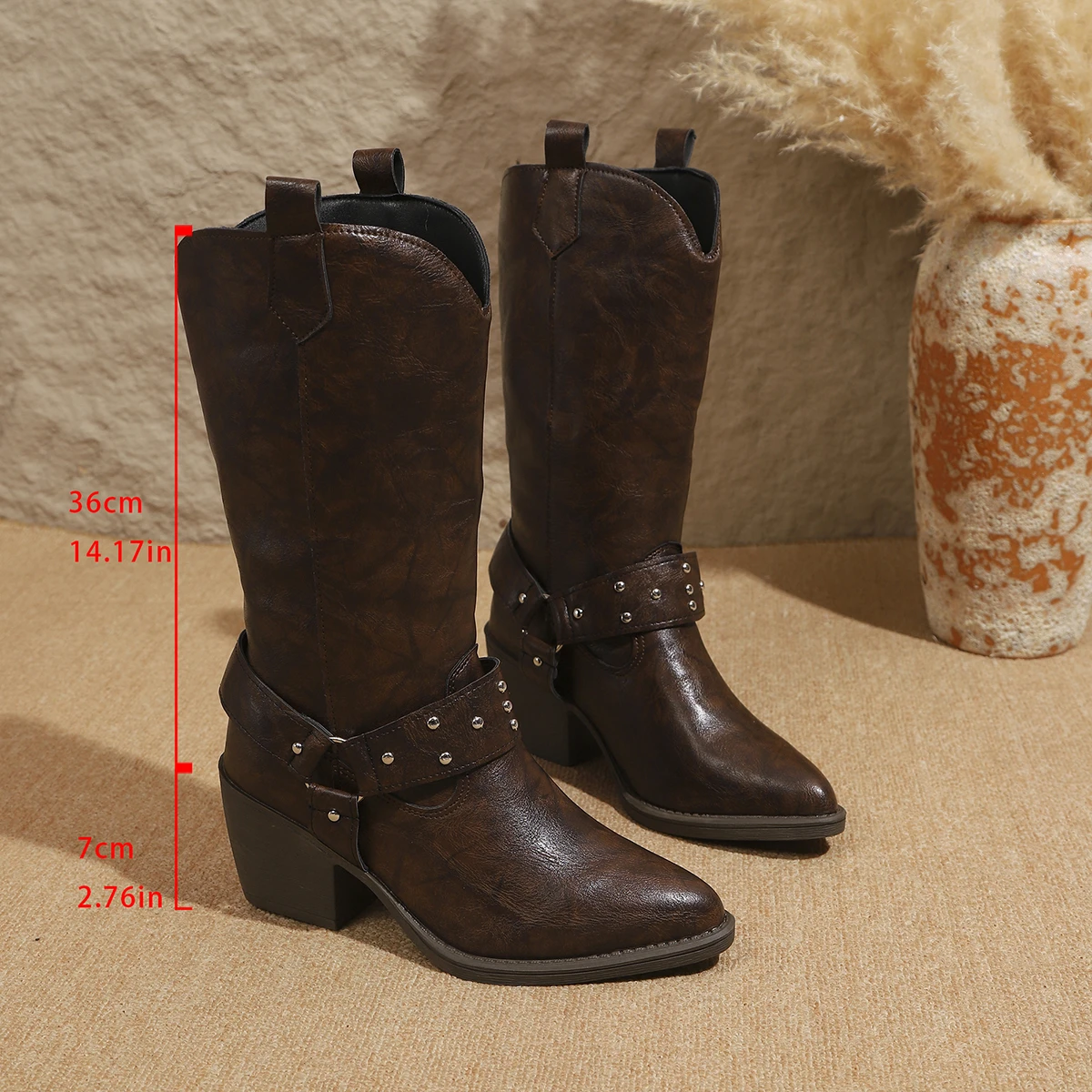 Women's Winter Low Heel Western Boots Trendy Belt Buckle Mid Boots Comfortable Casual Fighting