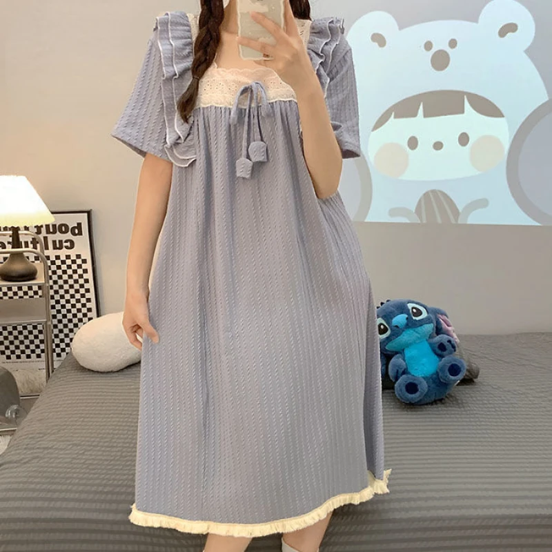 Big Size Summer Night Gowm Women Sleepwear Kawaii Nightgown Print Short Sleeve Loungewear Tassel Loose Party Dresses Pajamas