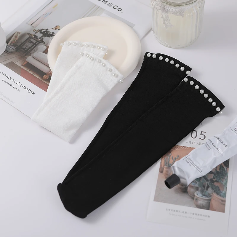 Harajuku White Socks For Women Japanese Fashion Pearl Decoration Long Socks Korean Style Womens Pearls Socken Meias Feminina