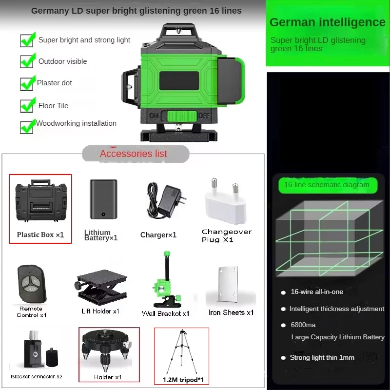 16/12/8 Linien 4D Laser Level Green Line Wiederaufladbar 360° ° Selbstnivellierendes horizontales und vertikales Laser-Nivelliergerät mit grünem Strahl