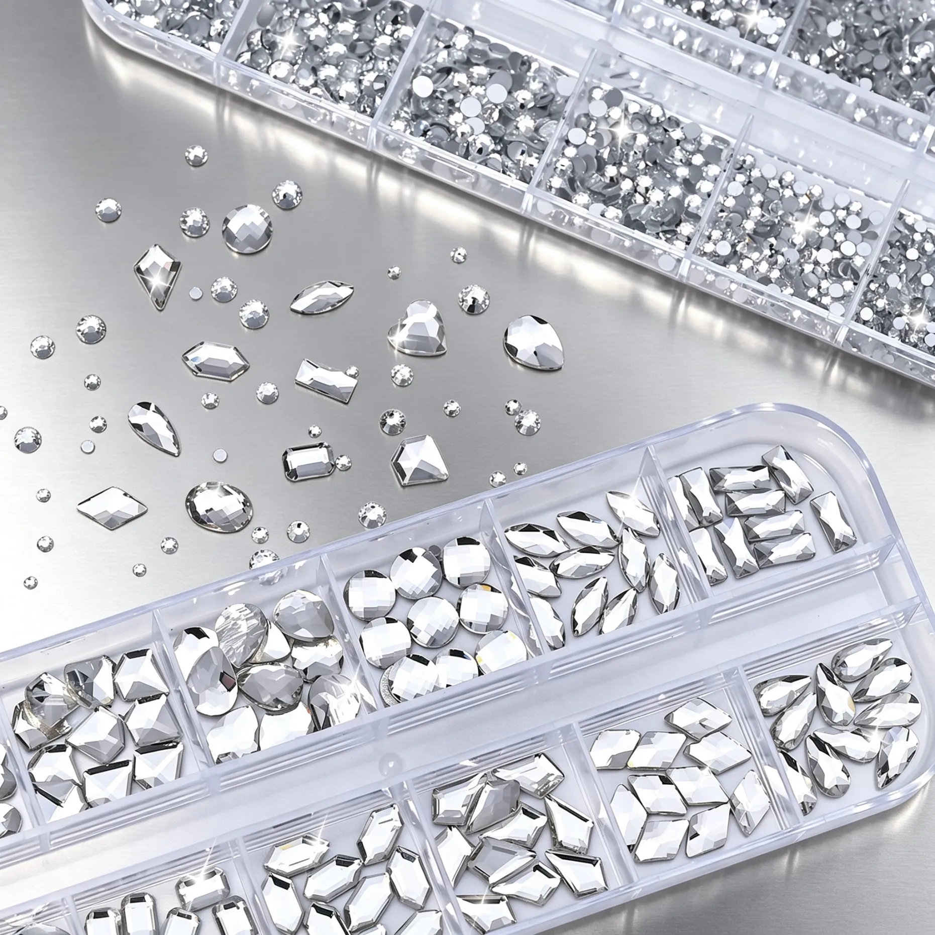 3D Luxury 24 Grids K9 Rhinestones Clear Round Flatback Crystal Nail Diamonds Multi-size Oval Teardrop Square Gems Manicure Decor