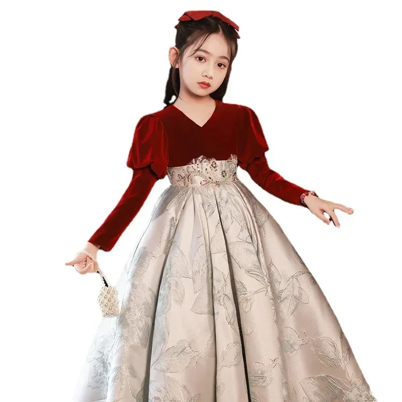 Robe de spectacle de piano pour filles, manches longues, rouge, évasion, série princesse, enfants, nouveau, printemps, 2024