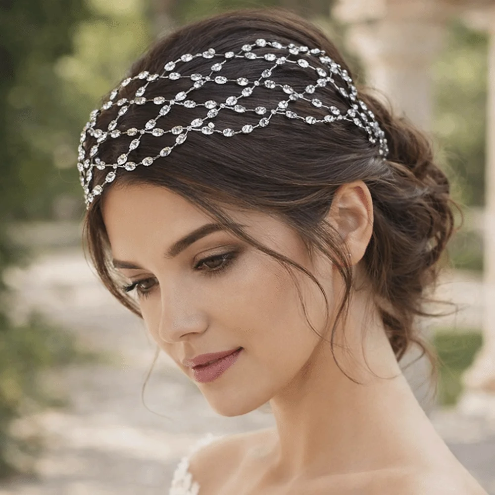 Shiny Sparkling Hair Net Crown Wedding Headpieces Handmade Rhinestone Tiara Headbands Hair Hoop Bride Hair Bands Women