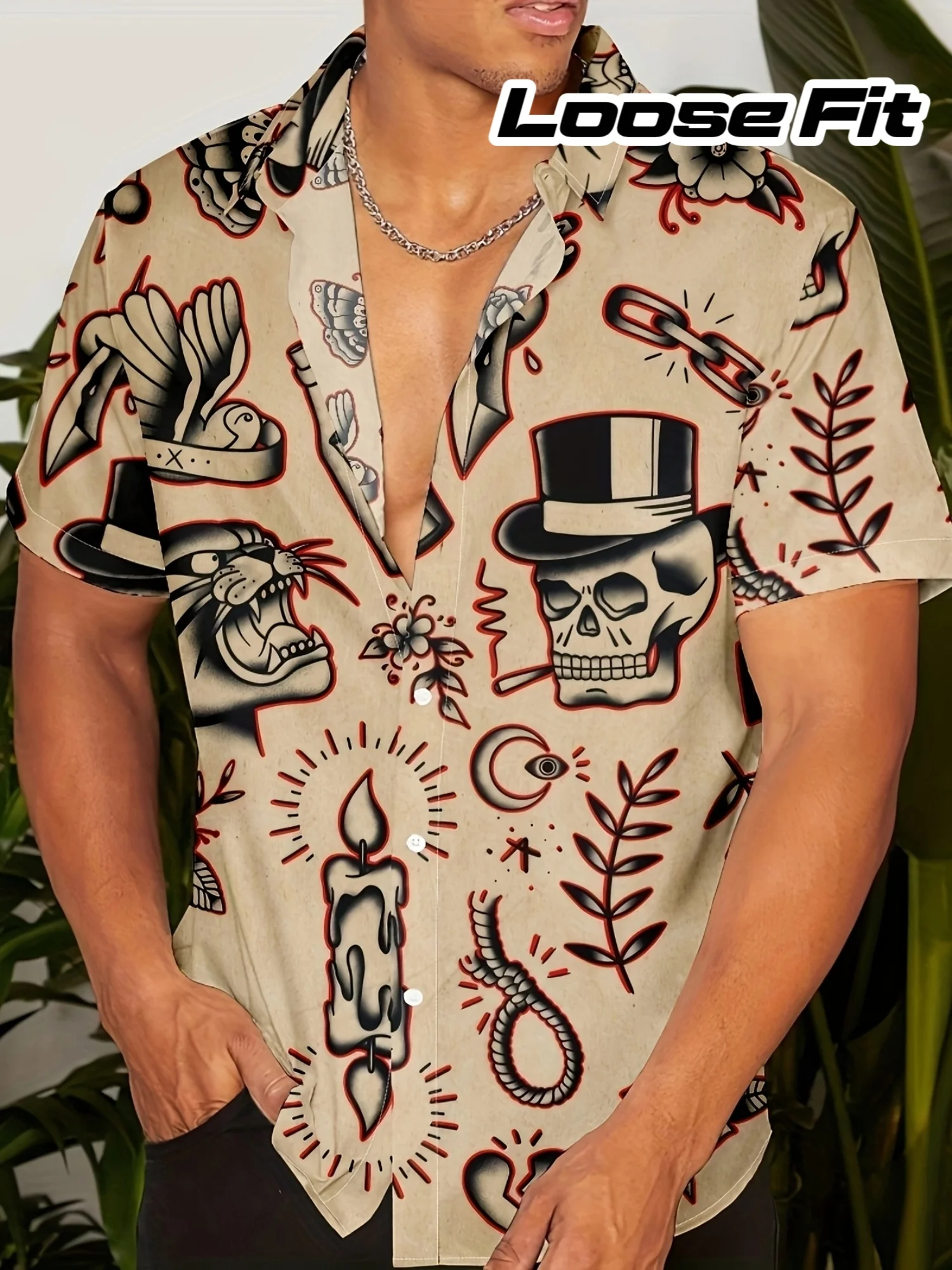 Men Short Sleeve Button Down Shirt Beige Skull Tattoo Style Print Polyester Casual Halloween Holiday Blouse