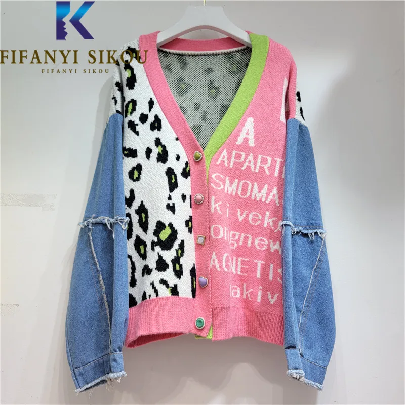 

Denim Spliced Leopard Print Knitted Sweater Jacket Women Autumn Winter Loose Cardigan Sweaters Female V-Neck Letter Knit Coat