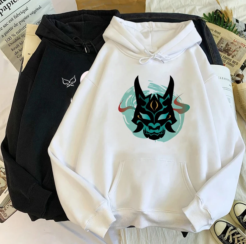 Genshin Impact Xiao Mask Fangs Graphic Harajuku Hoodies Men Kawaii Anime Hu Tao Kaedehara Kazuha Sweatshirt Hip Hop Hoody Male