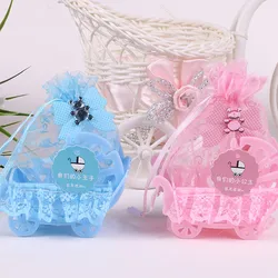 Birthday Baby Shower Party Favor Yarn Basket Candy Box with Lace ribbon DIY Bear Pattern Christening Boy Girl Gift 12pcs