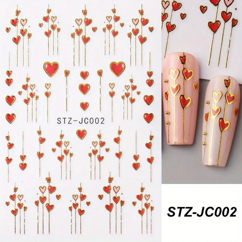 1 pz adesivi per unghie 3D con cuore e strisce dorate per San Valentino - Decalcomanie per nail art adesive rosse e rosa romantiche con linee di cuore