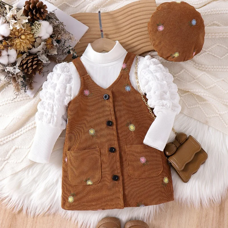 

Fashionable Kids' Outfit: Bubble Plaid Embroidered Corduroy Suspender Skirt with High Neck Long Sleeve Shirt and Hat Set
