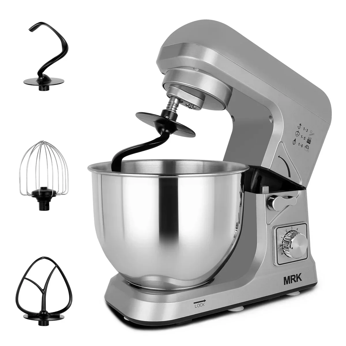 Ready to ship MRK 5L Dough Hook, Flat Beater and Whisk Attachments, Splash Guard 6 Speed Settings Electric Stand Mixer