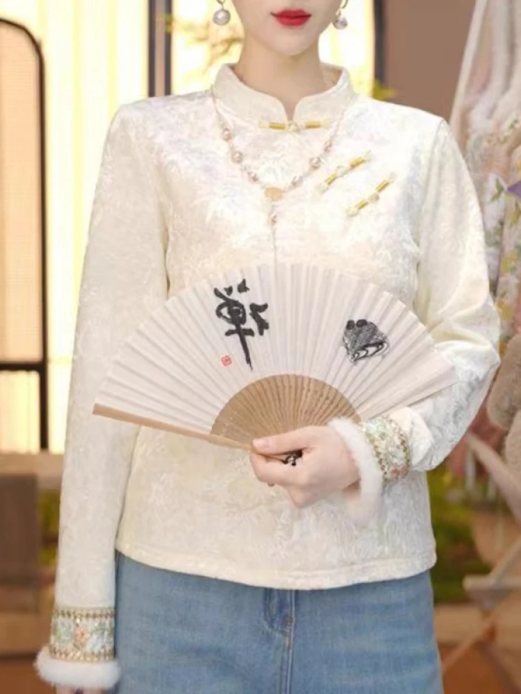 

New Chinese Sle Women's Fce Lined Thiened Retro Button Embroidered Lace Splicing Base irt Autumn Winter New Arrival