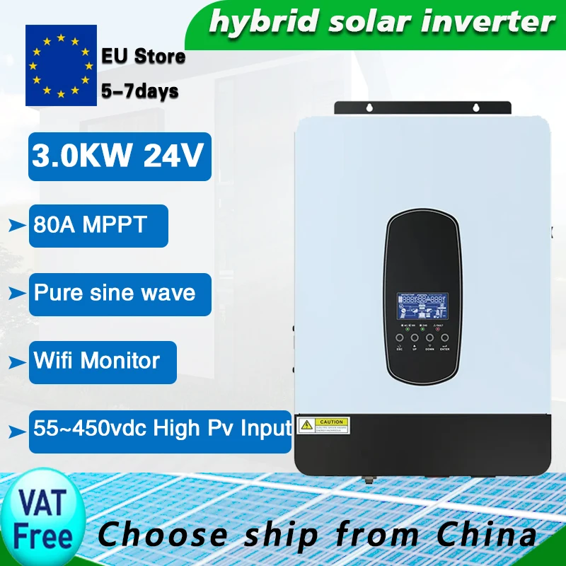 3.2KVA 3KW 24V 230VAC 50Hz/60HzHybrid Inverter Solar Panel Power  Pure Sine Wave MPPT Power Solar Inverter,PV Range 55~450Vdv